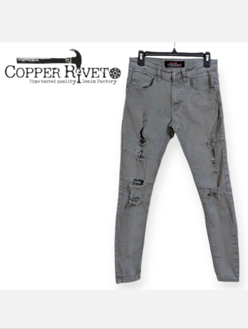 Copper Rivet Distressed Ripped Grey Skinny Jeans - Size 30x32 Mens